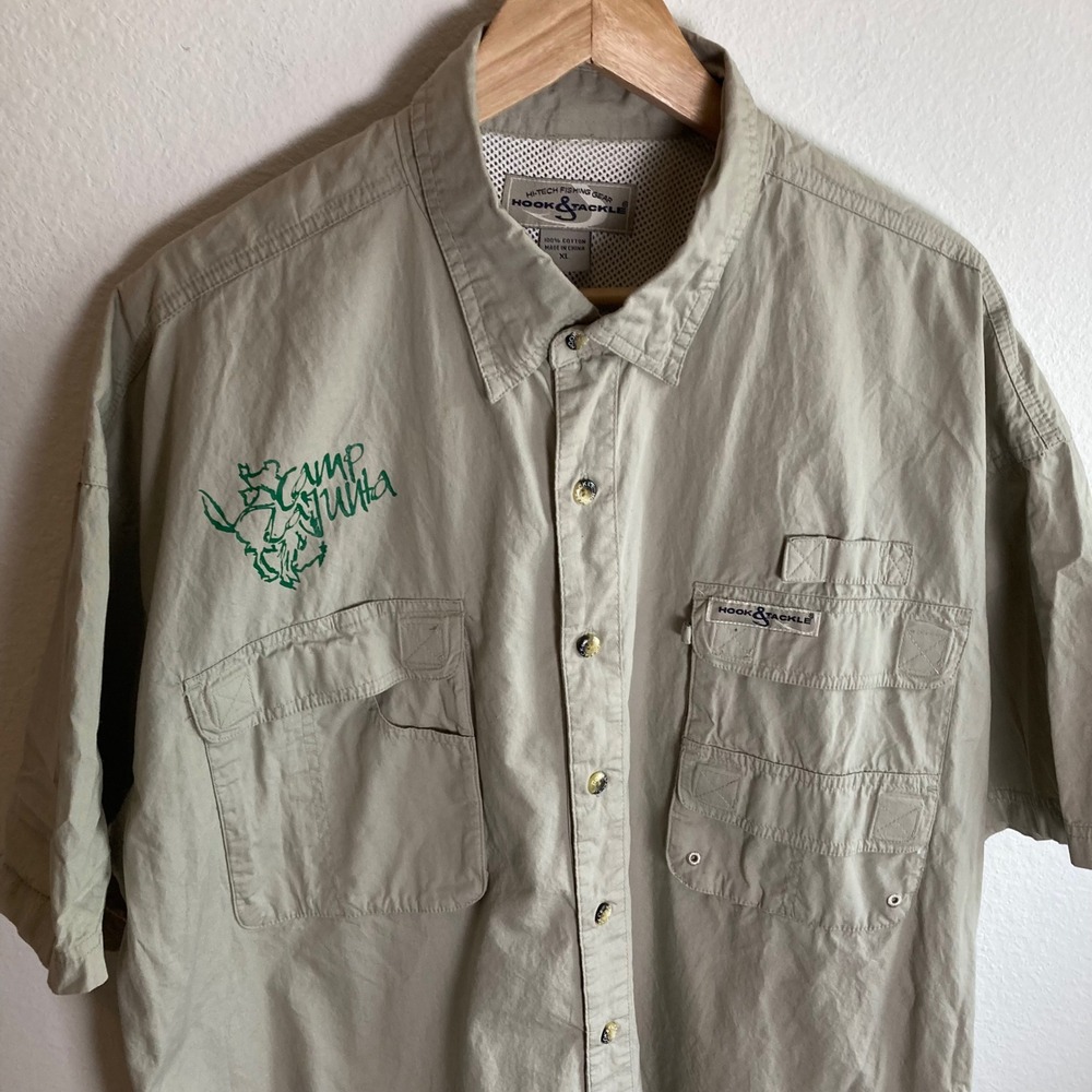 Hook & Tackle Shirt Mens XL Khaki Fishing Utility Pockets Camp Ventilated Loop